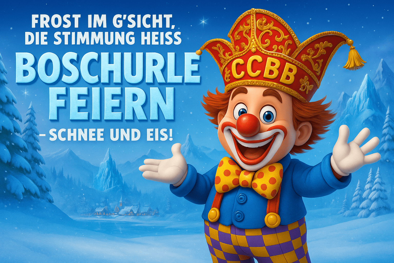 Motto der Binswanger Boschurle 2025:"Frost im G’sicht, die Stimmung heiß – Boschurle feiern – Schnee und Eis!"